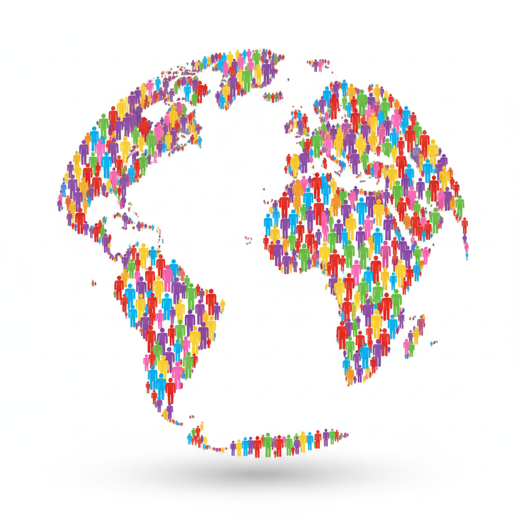 Current image: Colorful illustration of hundreds of diverse people of all sizes, ages, and colors arranged in the shape of a globe/Earth. The figures are simple, iconic person symbols in many bright colors — red, blue, green, yellow, purple, orange, pink — densely packed together to form the outline and surface of a world globe. Clean white background. No text, no words, no watermarks, no labels anywhere in the image. Square composition.